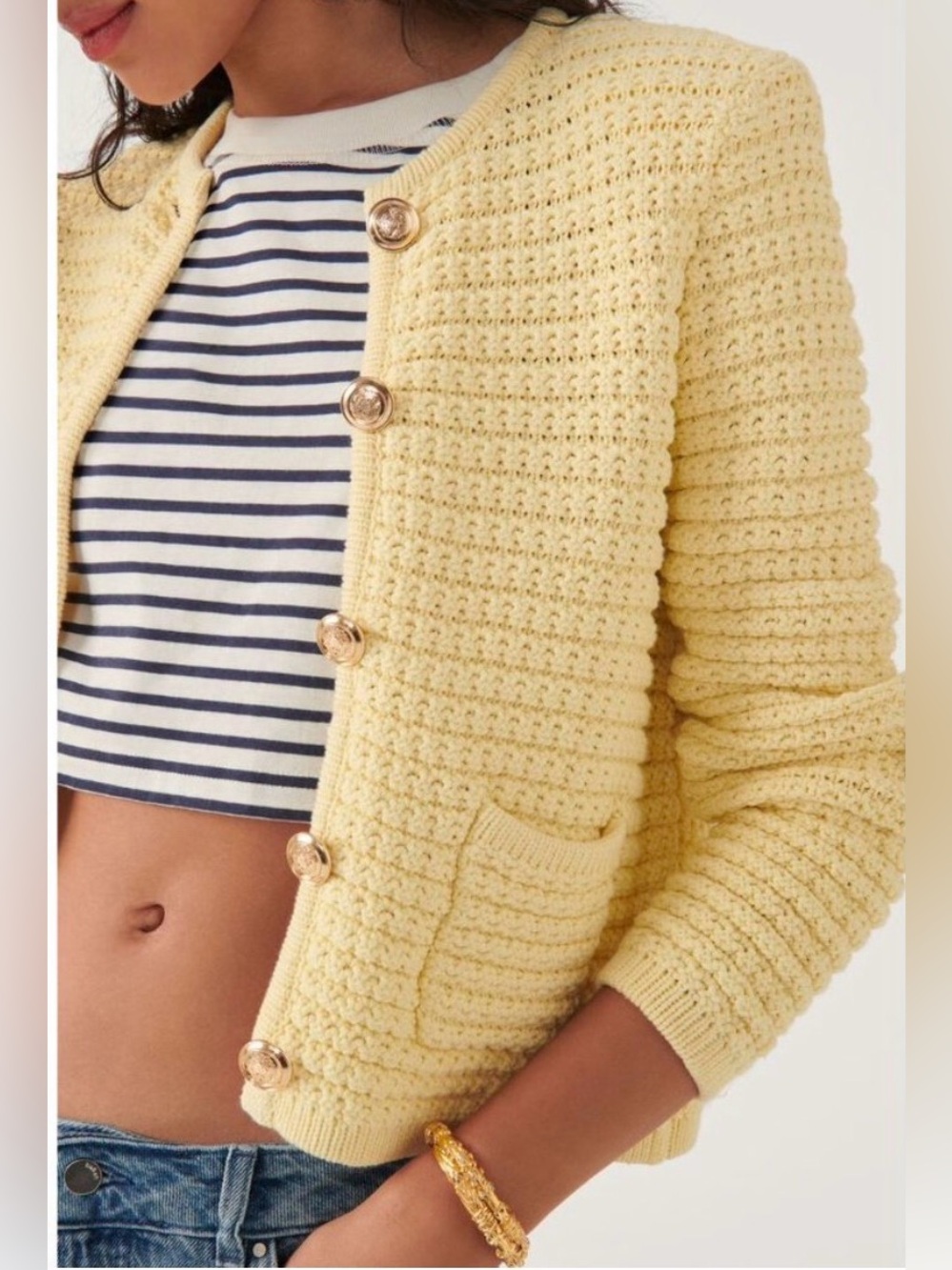 Ba&sh Bash Gaspard Tweed Cardigan Jacket In Light Pastel Yellow | size 3 / L